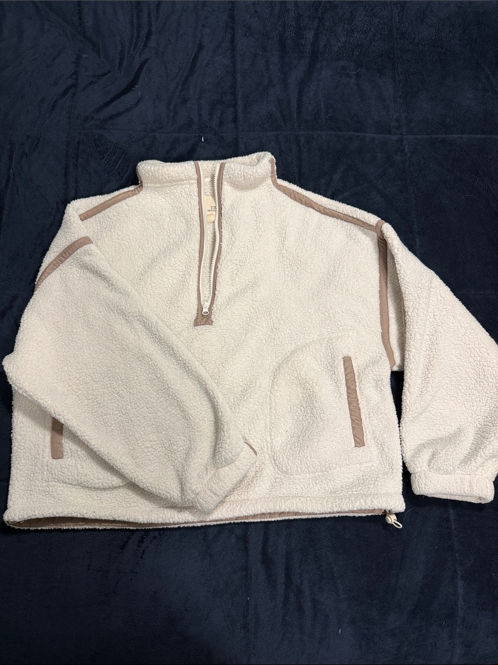Thread & Supply Cream Sherpa Half-Zip Pullover with Tan Trim